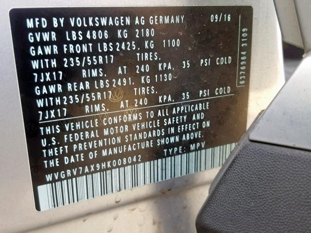 WVGRV7AX9HK008042 - 2017 VOLKSWAGEN TIGUAN WOL SILVER photo 10