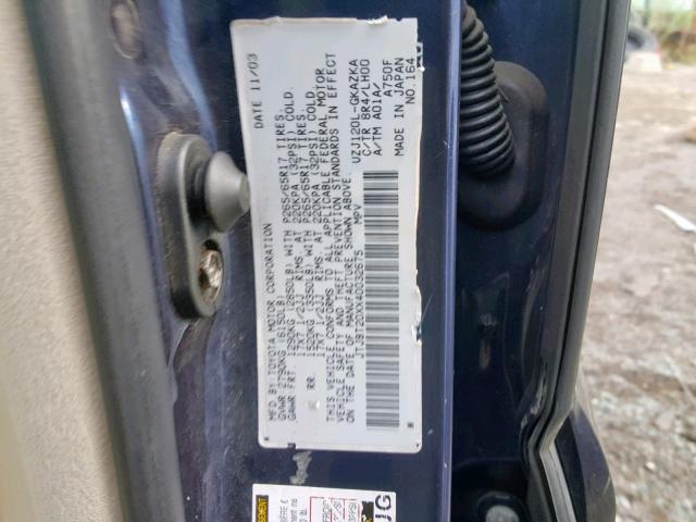 JTJBT20XX40032675 - 2004 LEXUS GX 470 BLUE photo 10