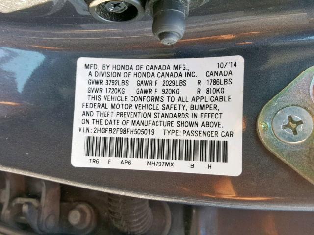 2HGFB2F98FH505019 - 2015 HONDA CIVIC EXL 灰色 照片 10