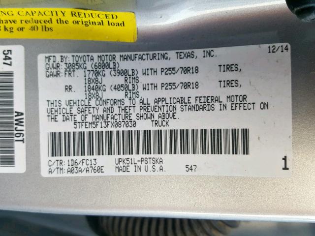 5TFEM5F13FX087030 - 2015 TOYOTA TUNDRA CRE SILVER photo 10