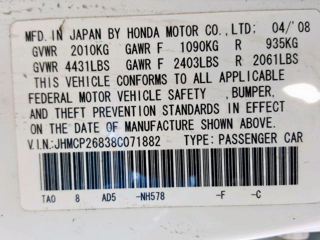 JHMCP26838C071882 - 2008 HONDA ACCORD EXL WHITE photo 10