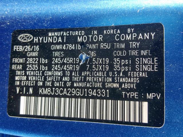 KM8J3CA29GU194331 - 2016 HYUNDAI TUCSON LIM BLUE photo 10