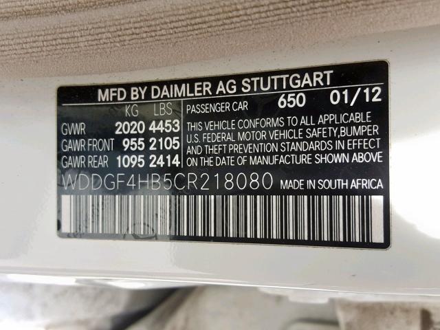 WDDGF4HB5CR218080 - 2012 MERCEDES-BENZ C 250 WHITE photo 10