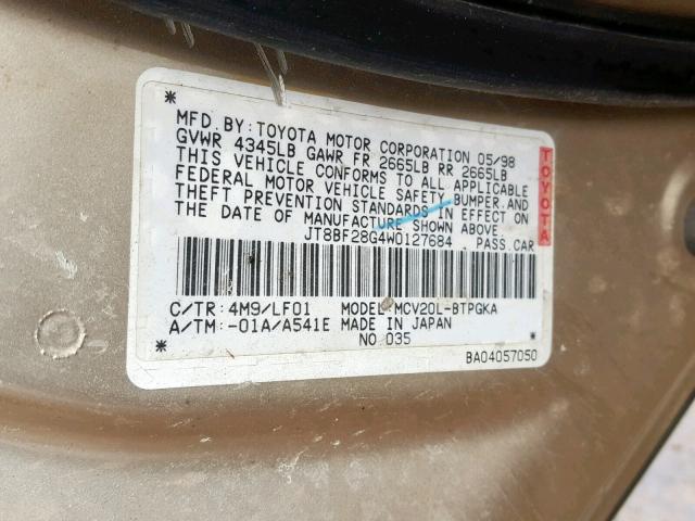 JT8BF28G4W0127684 - 1998 LEXUS ES 300 TAN photo 10