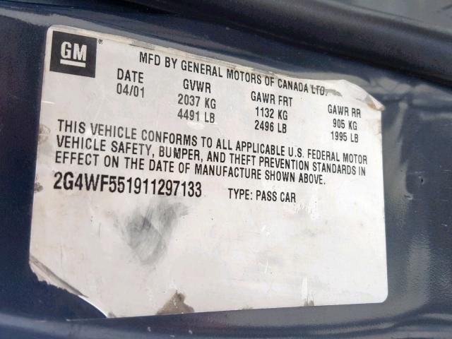 2G4WF551911297133 - 2001 BUICK REGAL GS GRAY photo 10