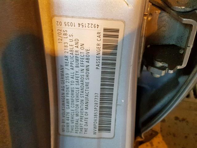 WVWPD63B53P287737 - 2003 VOLKSWAGEN PASSAT GLS SILVER photo 10