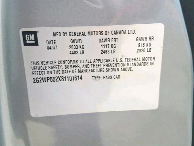 2G2WP552X81101614 - 2008 PONTIAC GRAND PRIX GRAY photo 10