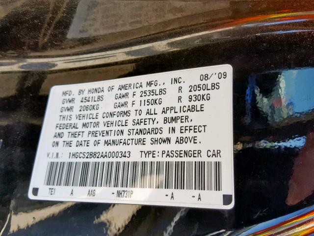 1HGCS2B82AA000343 - 2010 HONDA ACCORD EXL BLACK photo 10