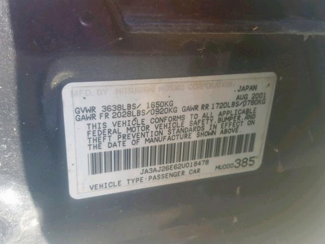 JA3AJ26E62U018478 - 2002 MITSUBISHI LANCER ES BLUE photo 10