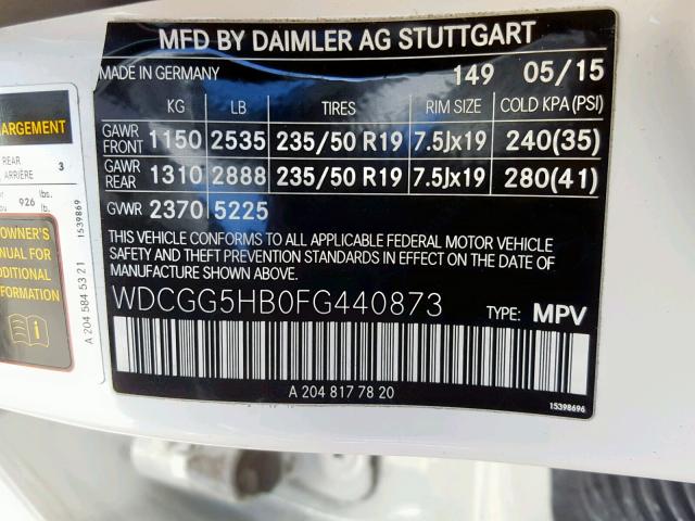 WDCGG5HB0FG440873 - 2015 MERCEDES-BENZ GLK 350 WHITE photo 10