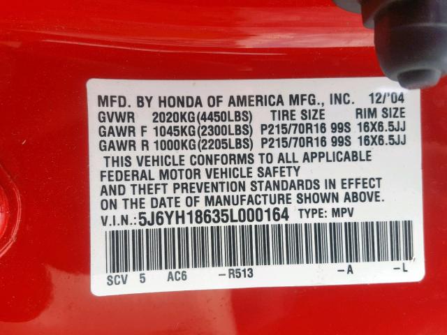 5J6YH18635L000164 - 2005 HONDA ELEMENT EX RED photo 10