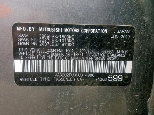 JA32U2FU0HU014986 - 2017 MITSUBISHI LANCER ES GRAY photo 10