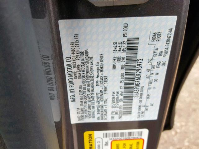 3FA6P0G76ER296972 - 2014 FORD FUSION S GRAY photo 10