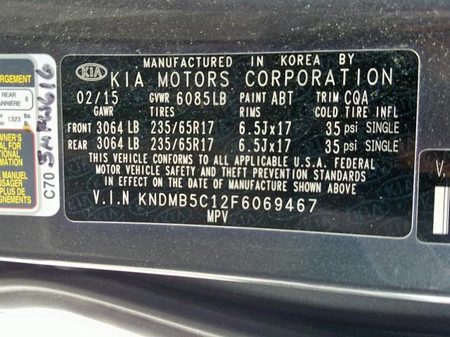 KNDMB5C12F6069467 - 2015 KIA SEDONA LX GRAY photo 10