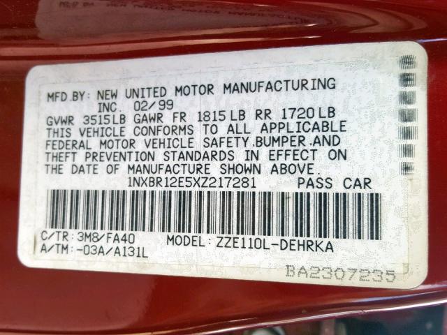 1NXBR12E5XZ217281 - 1999 TOYOTA COROLLA VE RED photo 10