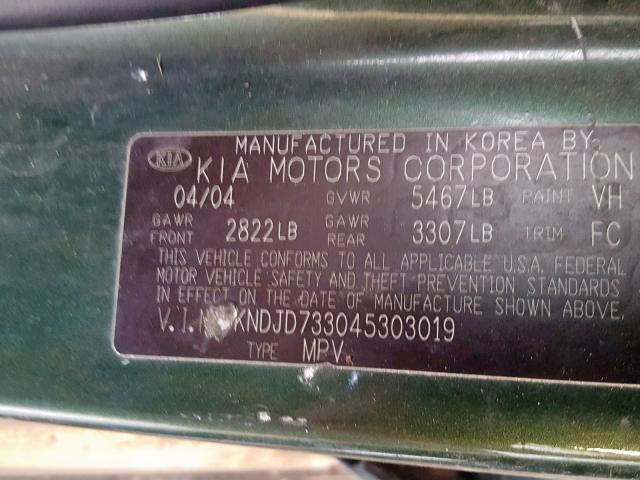 KNDJD733045303019 - 2004 KIA SORENTO EX GREEN photo 10