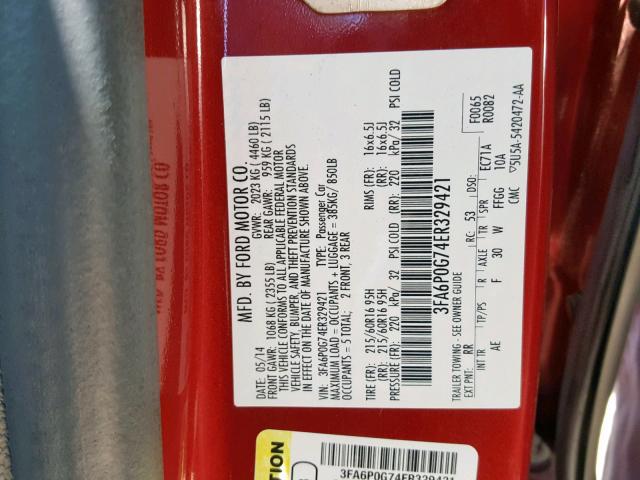 3FA6P0G74ER329421 - 2014 FORD FUSION S RED photo 10