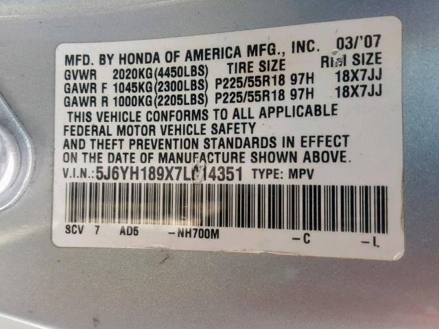 5J6YH189X7L014351 - 2007 HONDA ELEMENT SC SILVER photo 10