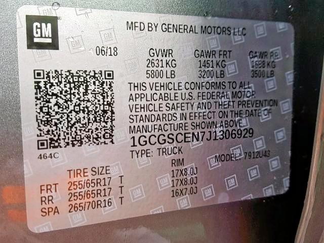 1GCGSCEN7J1306929 - 2018 CHEVROLET COLORADO L GRAY photo 10