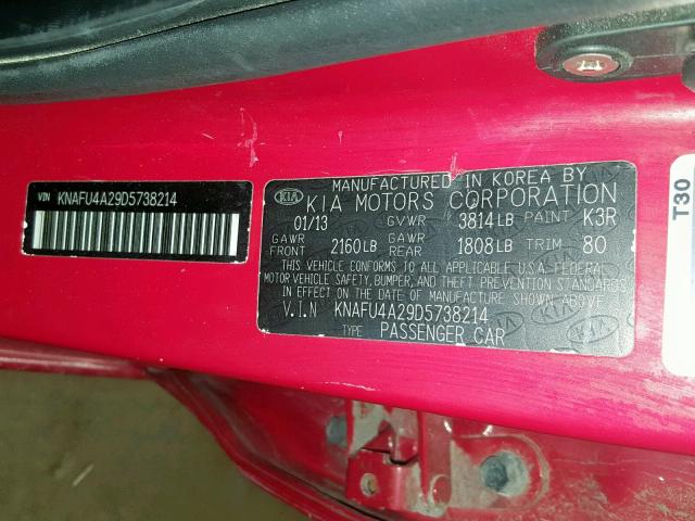 KNAFU4A29D5738214 - 2013 KIA FORTE EX RED photo 10