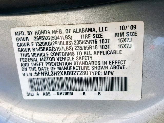 5FNRL3H2XAB027280 - 2010 HONDA ODYSSEY LX SILVER photo 10