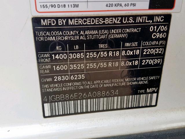 4JGBB86E26A088634 - 2006 MERCEDES-BENZ ML 350 WHITE photo 10