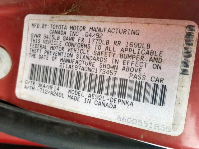 2T1AE97A0N0173457 - 1992 TOYOTA COROLLA LE RED photo 10