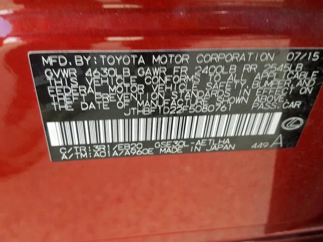 JTHBF1D22F5080761 - 2015 LEXUS IS 250 RED photo 10