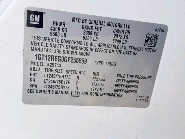 1GT12REG0GF255859 - 2016 GMC SIERRA K25 WHITE photo 10