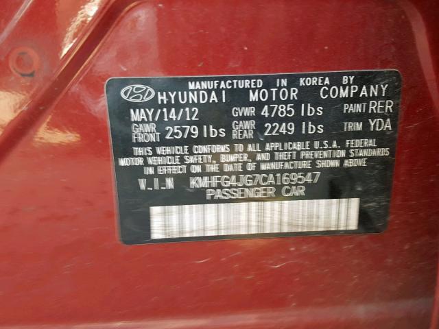 KMHFG4JG7CA169547 - 2012 HYUNDAI AZERA GLS RED photo 10