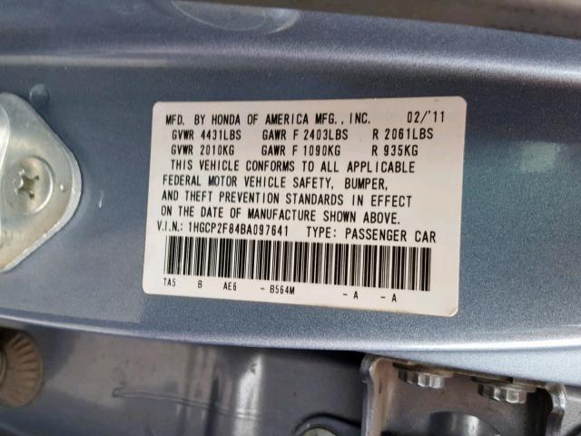 1HGCP2F84BA097641 - 2011 HONDA ACCORD EXL BLUE photo 10