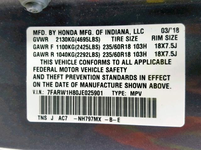 7FARW1H80JE025901 - 2018 HONDA CR-V EXL GRAY photo 10