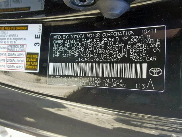 JTKJF5C74C3032647 - 2012 TOYOTA SCION TC BLACK photo 10