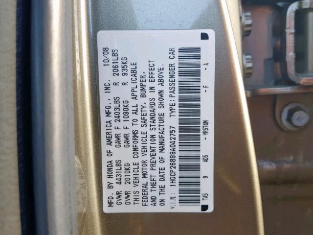 1HGCP26899A042757 - 2009 HONDA ACCORD EXL GOLD photo 10