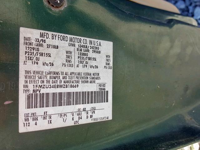 1FMZU34E8WZB18669 - 1998 FORD EXPLORER GREEN photo 10