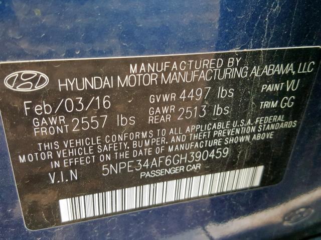 5NPE34AF6GH390459 - 2016 HYUNDAI SONATA SPO BLUE photo 10