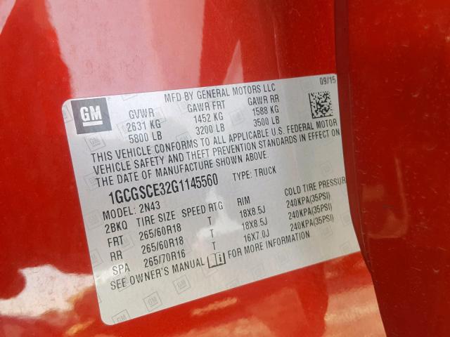 1GCGSCE32G1145560 - 2016 CHEVROLET COLORADO L RED photo 10