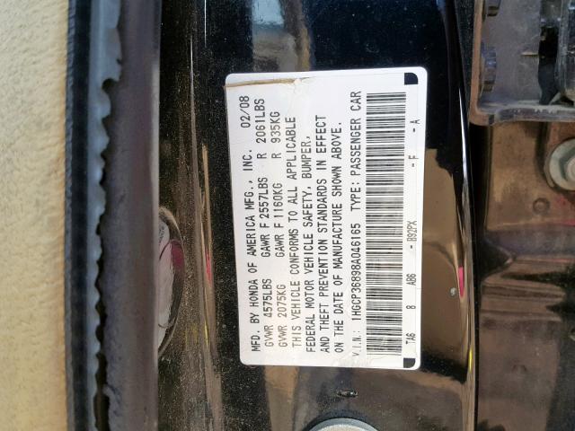 1HGCP36898A046165 - 2008 HONDA ACCORD EXL BLACK photo 10