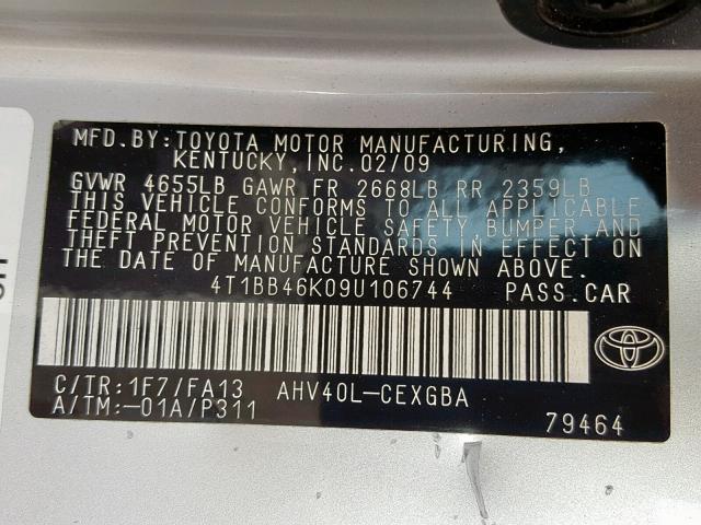 4T1BB46K09U106744 - 2009 TOYOTA CAMRY HYBR SILVER photo 10