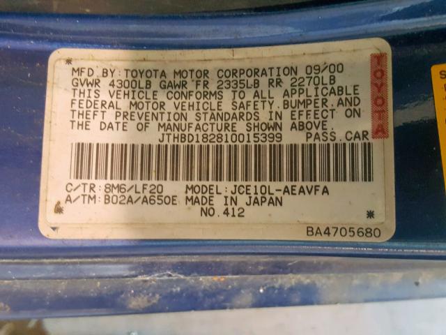 JTHBD182810015399 - 2001 LEXUS IS 300 BLUE photo 10