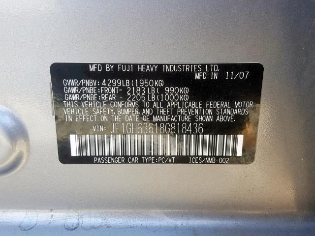 JF1GH63618G818436 - 2008 SUBARU IMPREZA OU SILVER photo 10