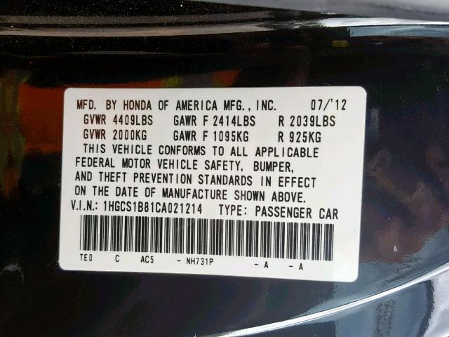 1HGCS1B81CA021214 - 2012 HONDA ACCORD EXL BLACK photo 10