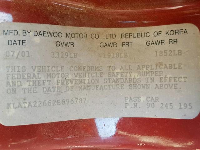 KLATA22662B696787 - 2002 DAEWOO LANOS S GOLD photo 10