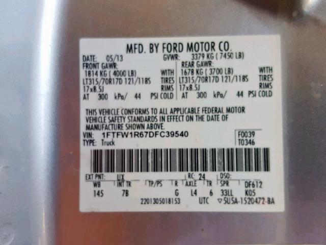 1FTFW1R67DFC39540 - 2013 FORD F150 SVT R SILVER photo 10
