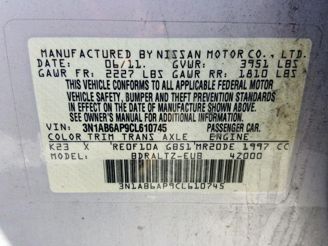 3N1AB6AP9CL610745 - 2012 NISSAN SENTRA 2.0 SILVER photo 10