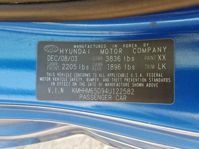 KMHHM65D94U122582 - 2004 HYUNDAI TIBURON BLUE photo 10