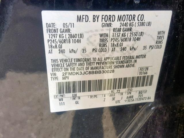 2FMDK3JC8BBB30028 - 2011 FORD EDGE SEL BLACK photo 10