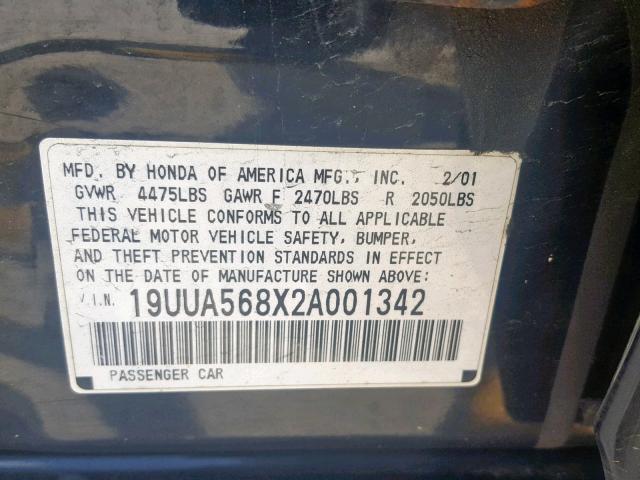 19UUA568X2A001342 - 2002 ACURA TL BLACK photo 10