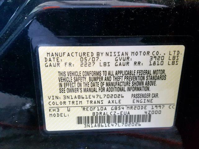 3N1AB61E47L702026 - 2007 NISSAN SENTRA 2.0 BLACK photo 10