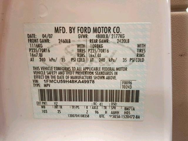 1FMCU59H48KA49978 - 2008 FORD ESCAPE HEV WHITE photo 10